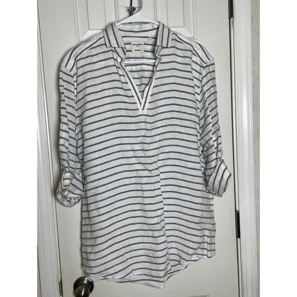 Murano Baird McNutt Linen Shirt Large White Blue Striped Popover V-Neck